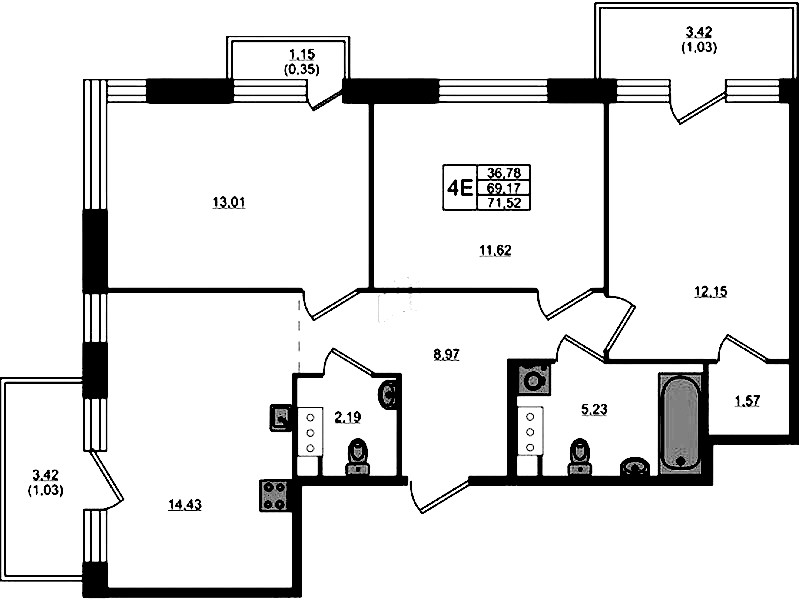 3-комнатная квартира 69.17 м², 5/5 эт., ЖК «Plus Пулковский»
